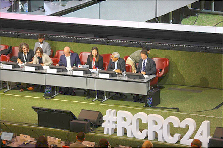 Internationale Konferenz 2024 Teilnehmende an Konferenztisch