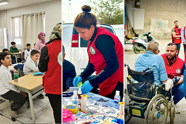 Collage: Gesundheitsaufklärung, Erste Hilfe, Gespräch mit Rollstuhlfahrer