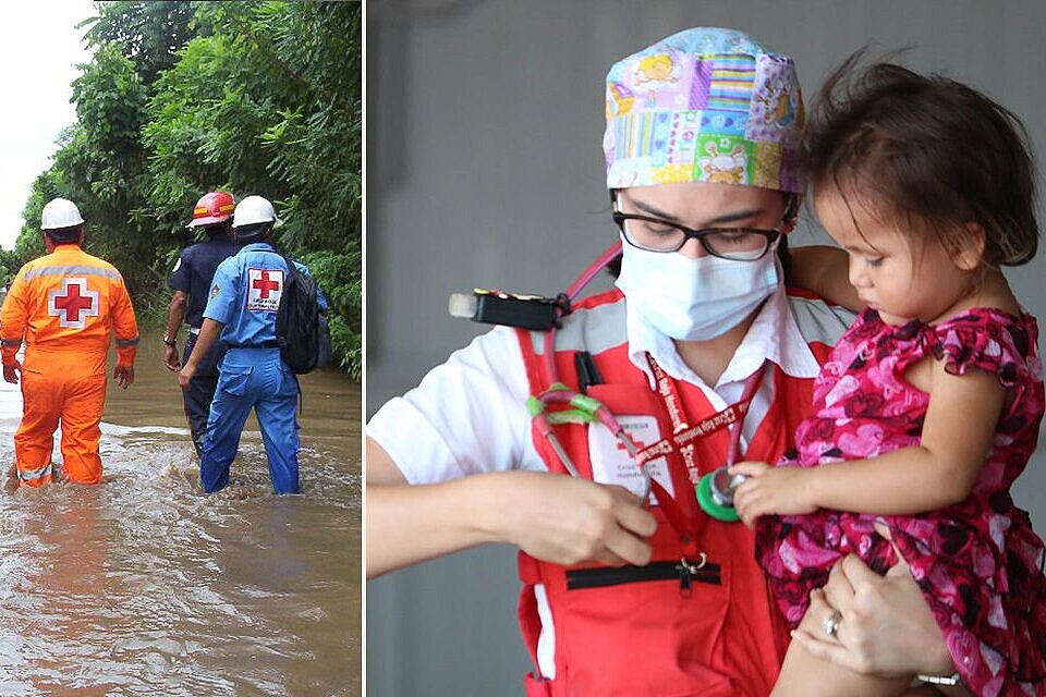Hilfe in Honduras und Guatemala Collage aus drei verschiedenen Szenen mit Rotkreuz-Helfer:innen bei der Hilfe in Honduras und Guatemala