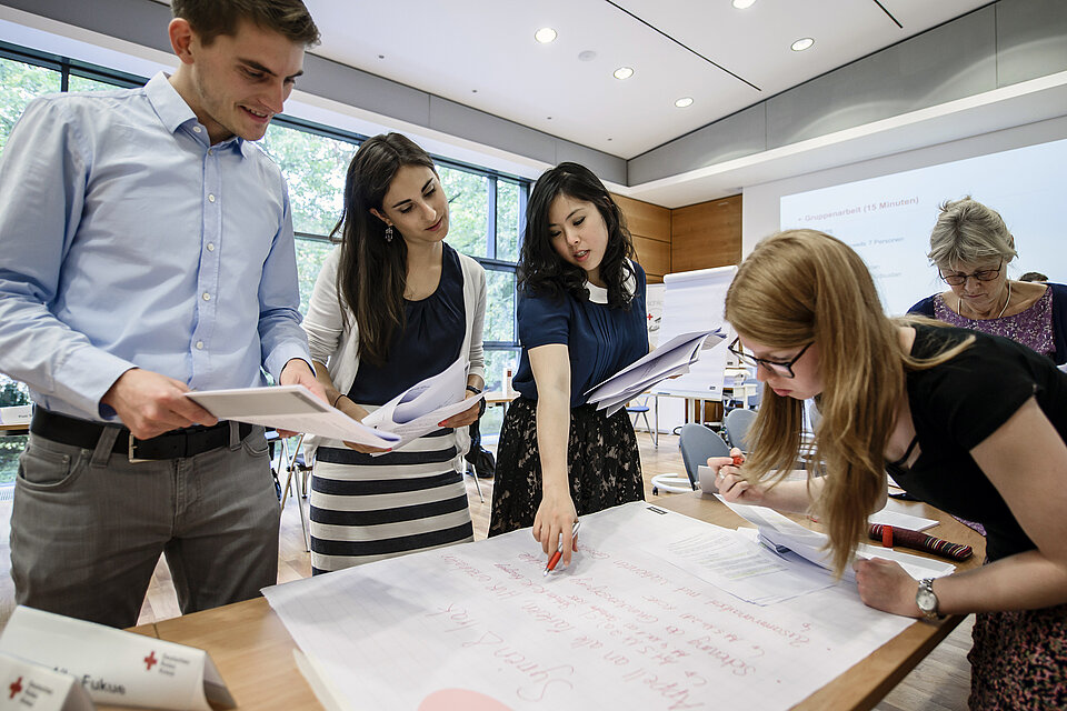 DRK-Workshop Mann beim Vortrag mit Flipchart