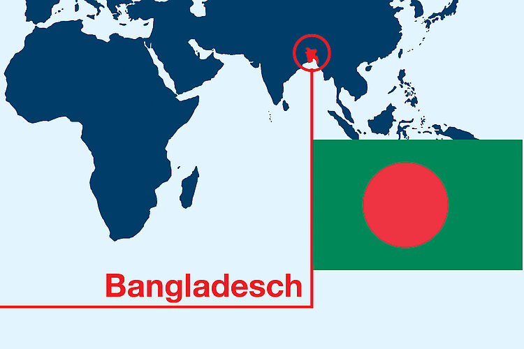 Karte Südasien mit Bangladesch-Flagge