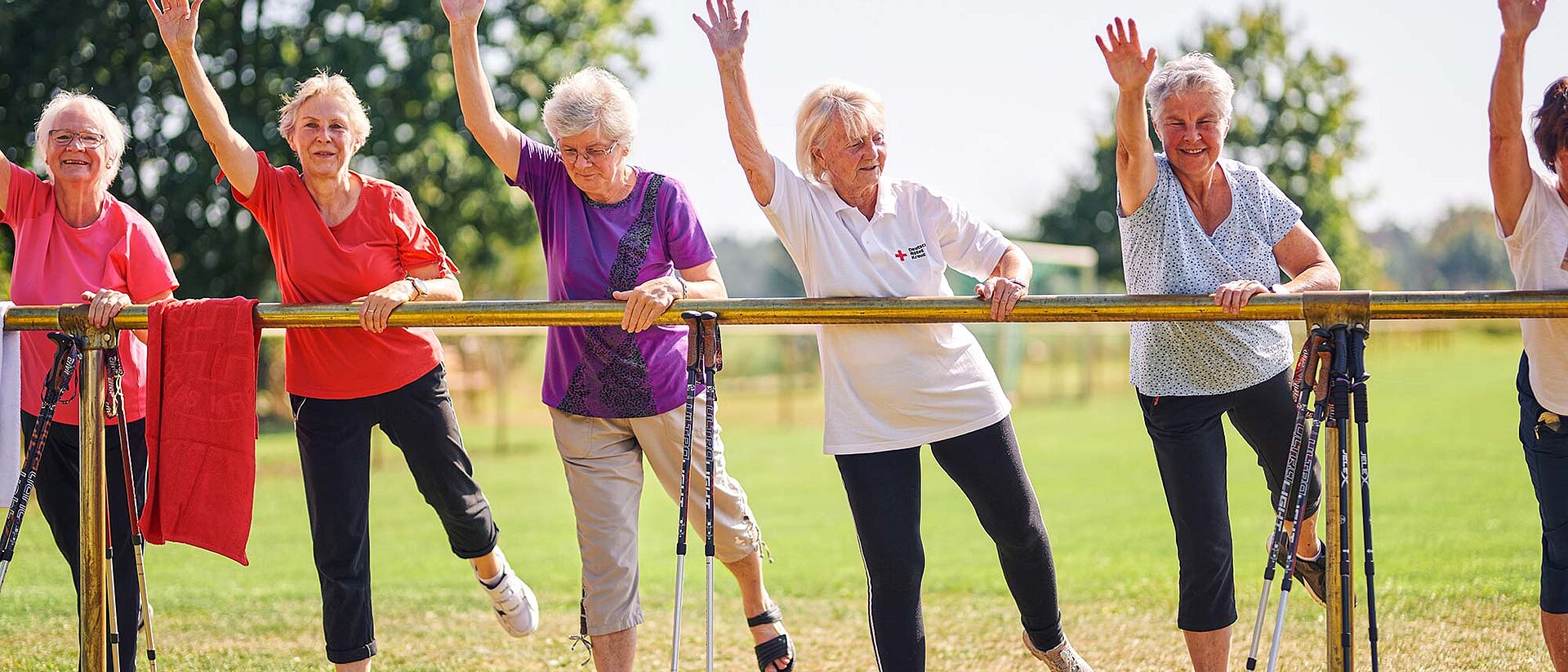 Gymnastik im Freien Seniorinnen machen Gymnastik im Freien