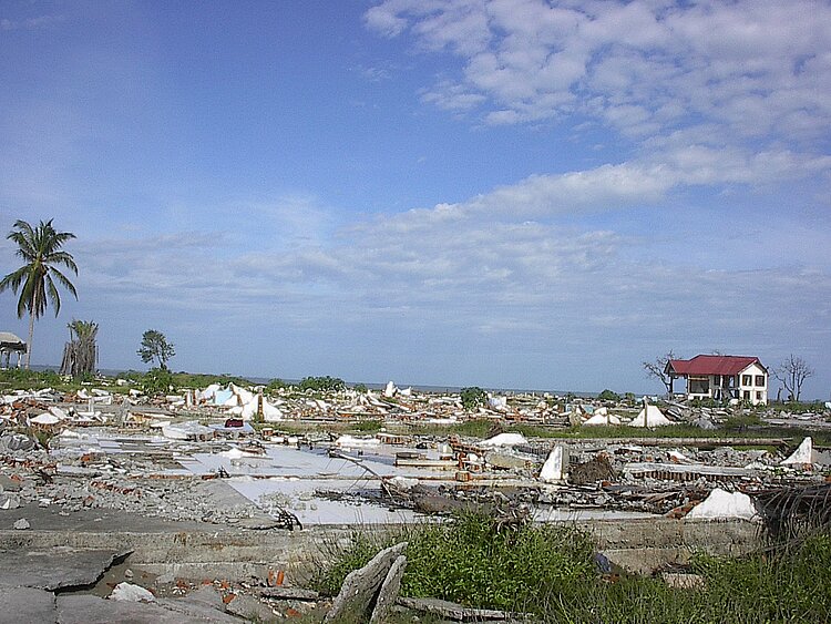 Eine weitläufige, zerstörte Landschaft in Meulaboh, Indonesien, nach dem Tsunami von 2004, mit Trümmern und eingestürzten Strukturen. Im Hintergrund steht ein einsames Haus mit rotem Dach, umgeben von kahlen Bäumen und vereinzelten grünen Pflanzen unter einem weiten Himmel.