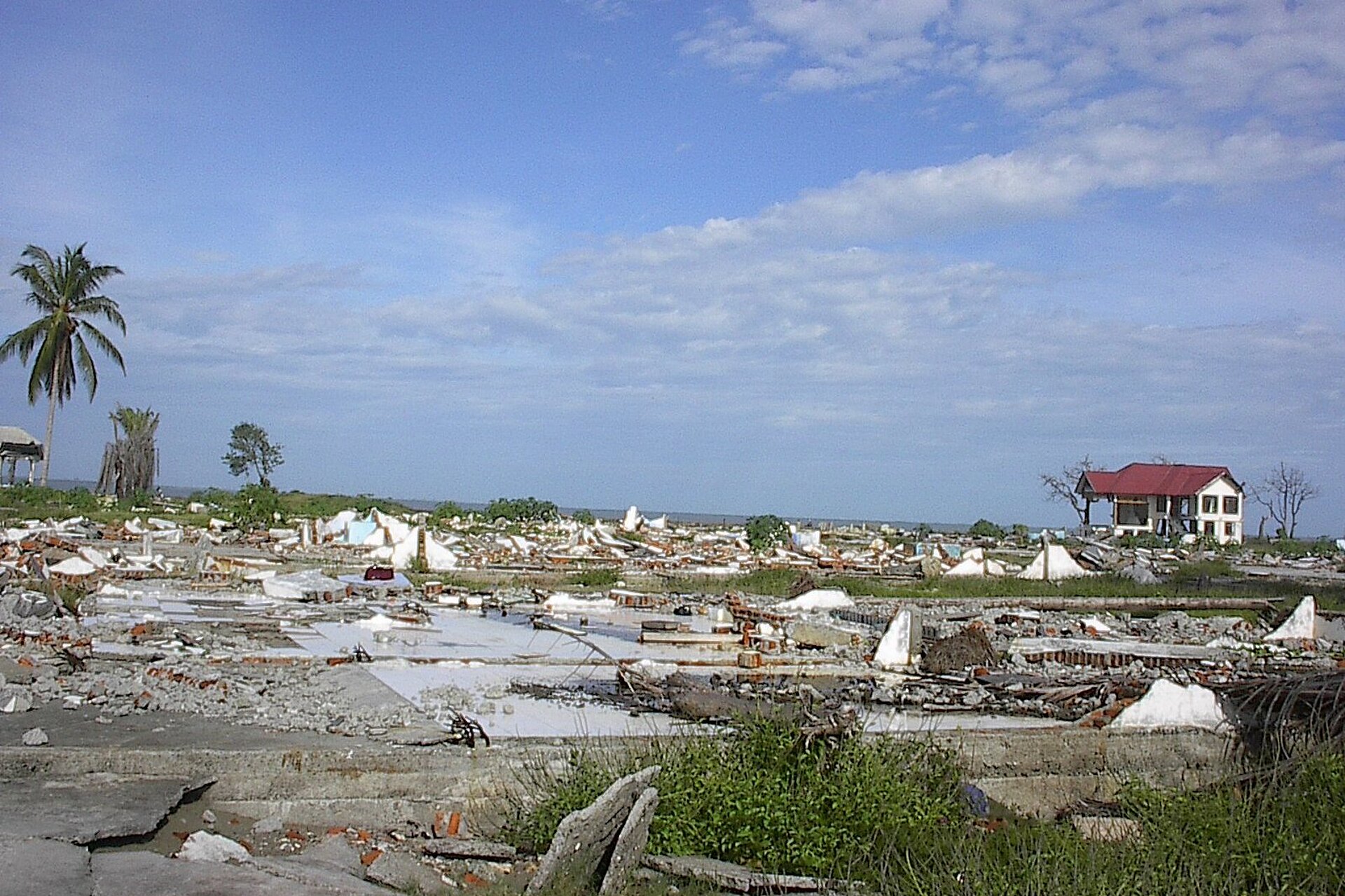 Eine weitläufige, zerstörte Landschaft in Meulaboh, Indonesien, nach dem Tsunami von 2004, mit Trümmern und eingestürzten Strukturen. Im Hintergrund steht ein einsames Haus mit rotem Dach, umgeben von kahlen Bäumen und vereinzelten grünen Pflanzen unter einem weiten Himmel.